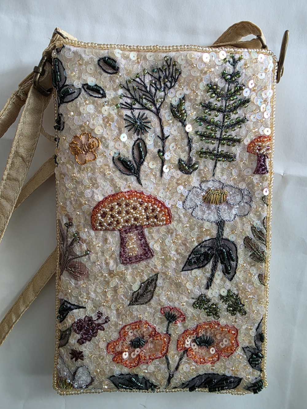 Bamboo Trading Co. Mystic Meadow Beaded Mushroom Crossbody Phone Bag Boho